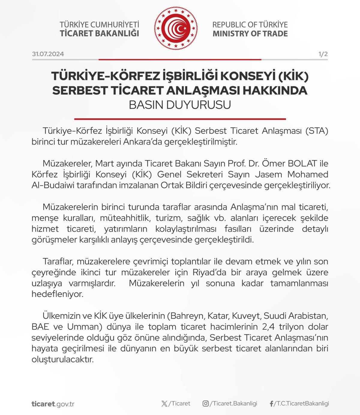 Körfez İşbirliği Konseyi ile Türkiye Arasında Serbest Ticaret Anlaşması Müzakereleri