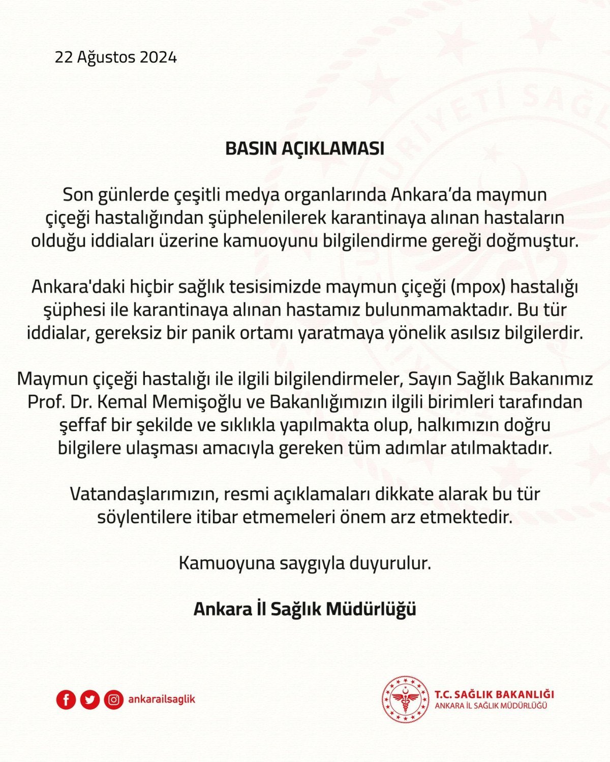 Ankara İl Sağlık Müdürlüğü'nden Maymun Çiçeği Açıklaması