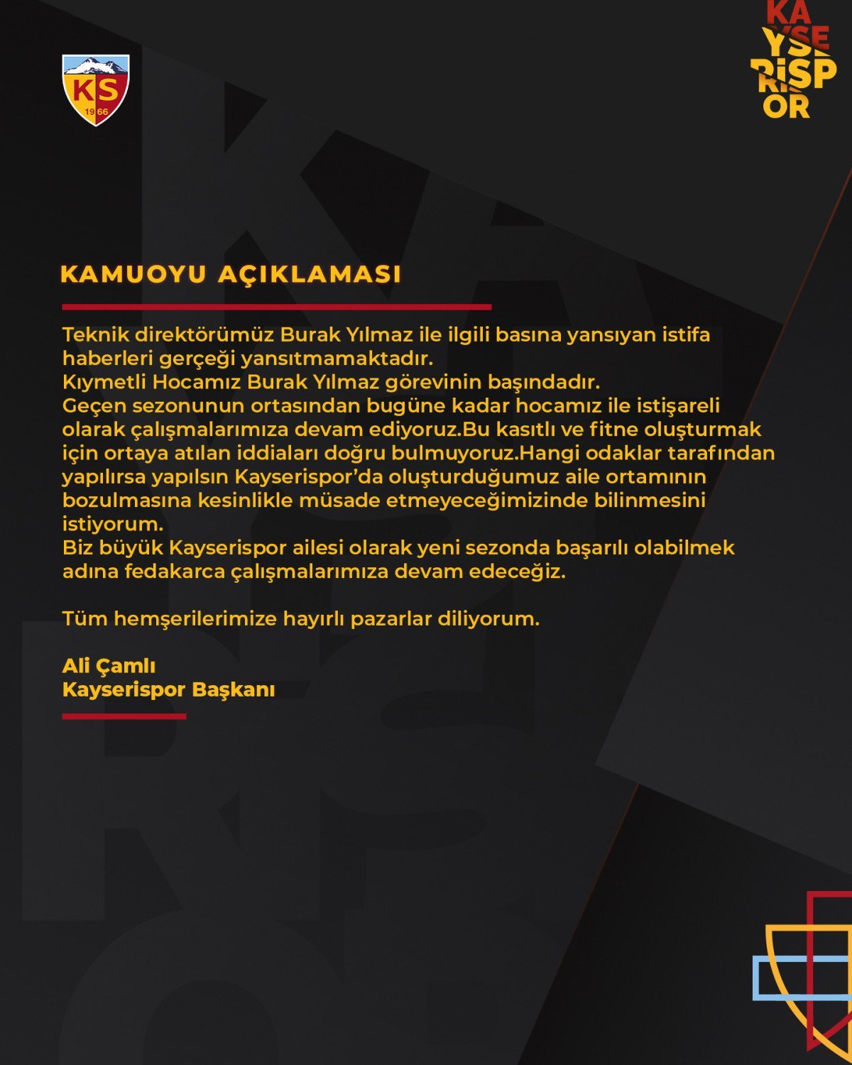 Kayserispor'dan İstifa İddialarına Yanıt