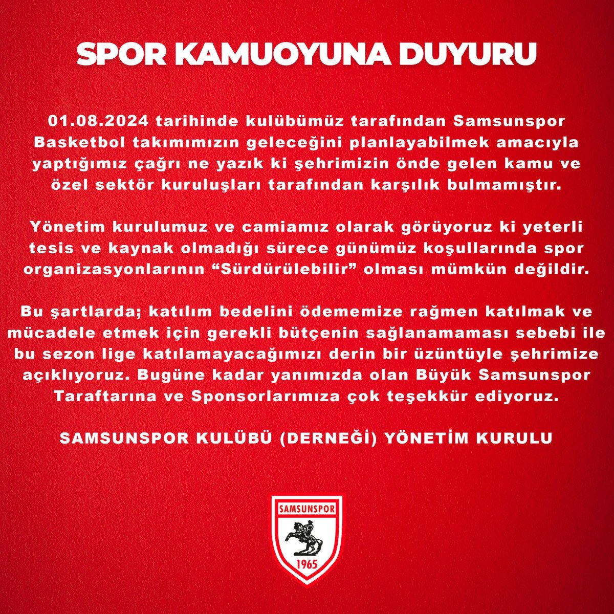 Samsunspor Basketbol Takımı'ndan Üzücü Açıklama