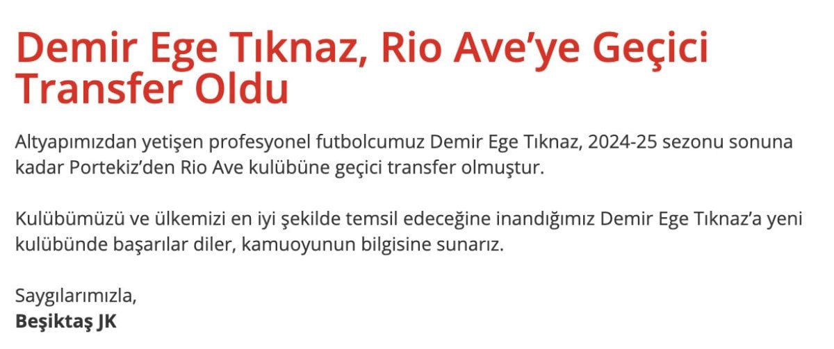 Beşiktaş'ta Transfer Gelişmeleri: Demir Ege Tıknaz Rio Ave'ye Kiralandı